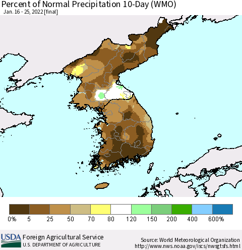 Korea Percent of Normal Precipitation 10-Day (WMO) Thematic Map For 1/16/2022 - 1/25/2022
