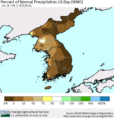 Korea Percent of Normal Precipitation 10-Day (WMO) Thematic Map For 1/26/2022 - 2/5/2022