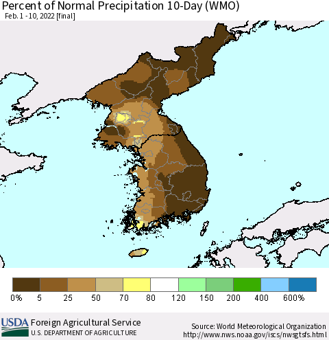 Korea Percent of Normal Precipitation 10-Day (WMO) Thematic Map For 2/1/2022 - 2/10/2022