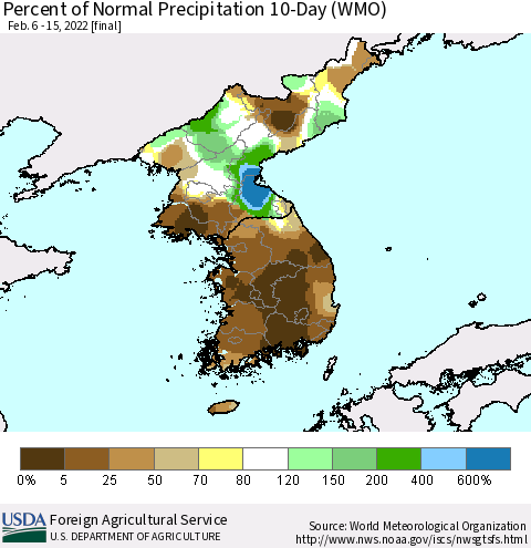 Korea Percent of Normal Precipitation 10-Day (WMO) Thematic Map For 2/6/2022 - 2/15/2022