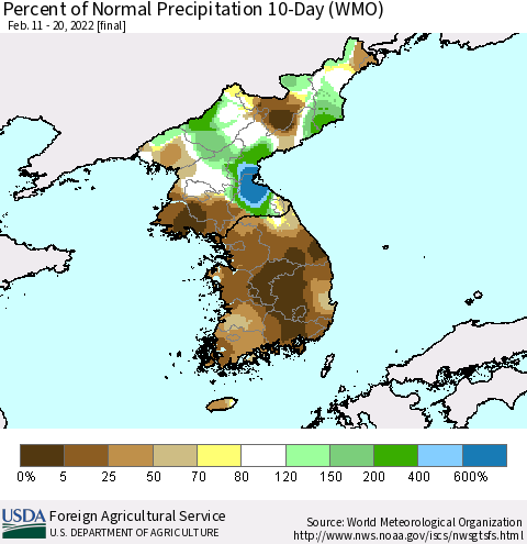 Korea Percent of Normal Precipitation 10-Day (WMO) Thematic Map For 2/11/2022 - 2/20/2022