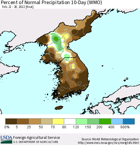 Korea Percent of Normal Precipitation 10-Day (WMO) Thematic Map For 2/21/2022 - 2/28/2022