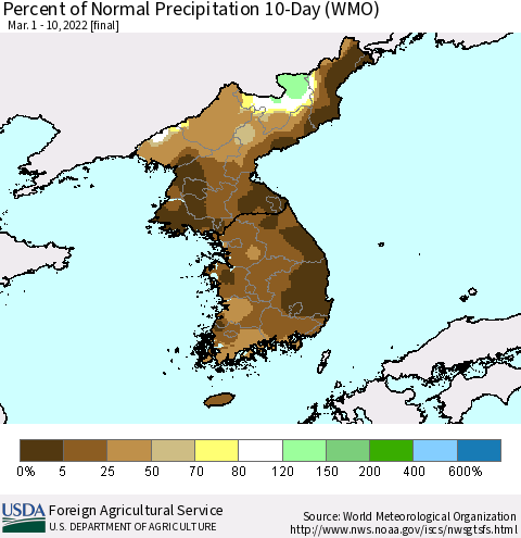 Korea Percent of Normal Precipitation 10-Day (WMO) Thematic Map For 3/1/2022 - 3/10/2022
