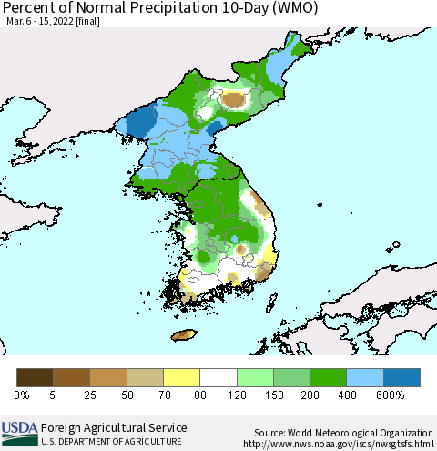 Korea Percent of Normal Precipitation 10-Day (WMO) Thematic Map For 3/6/2022 - 3/15/2022
