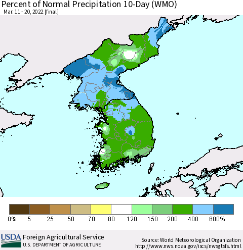 Korea Percent of Normal Precipitation 10-Day (WMO) Thematic Map For 3/11/2022 - 3/20/2022