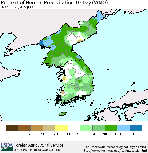 Korea Percent of Normal Precipitation 10-Day (WMO) Thematic Map For 3/16/2022 - 3/25/2022