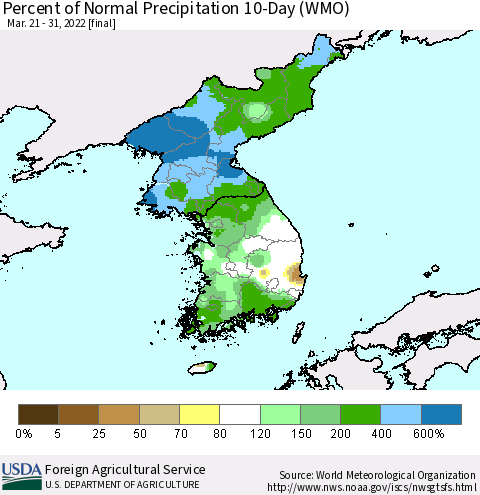 Korea Percent of Normal Precipitation 10-Day (WMO) Thematic Map For 3/21/2022 - 3/31/2022