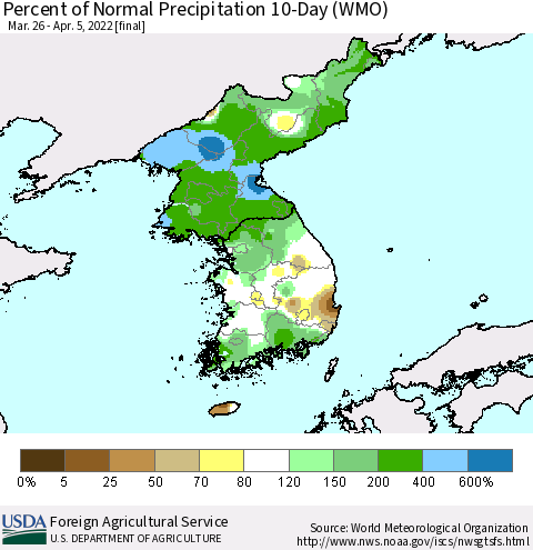 Korea Percent of Normal Precipitation 10-Day (WMO) Thematic Map For 3/26/2022 - 4/5/2022