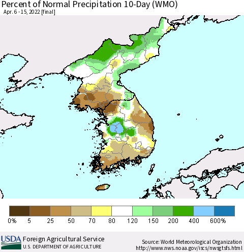 Korea Percent of Normal Precipitation 10-Day (WMO) Thematic Map For 4/6/2022 - 4/15/2022