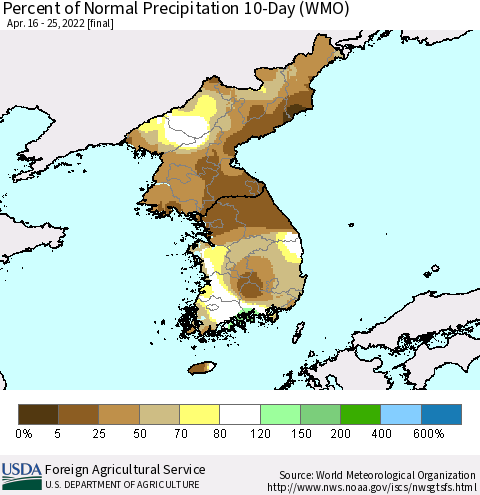Korea Percent of Normal Precipitation 10-Day (WMO) Thematic Map For 4/16/2022 - 4/25/2022