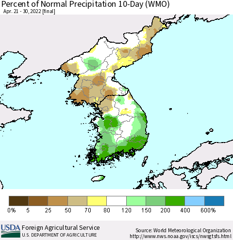 Korea Percent of Normal Precipitation 10-Day (WMO) Thematic Map For 4/21/2022 - 4/30/2022