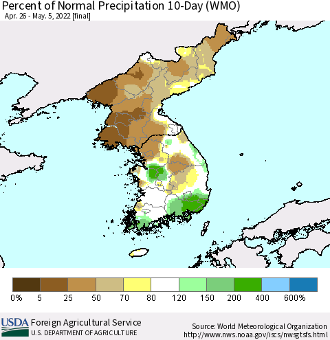 Korea Percent of Normal Precipitation 10-Day (WMO) Thematic Map For 4/26/2022 - 5/5/2022