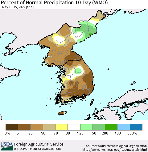 Korea Percent of Normal Precipitation 10-Day (WMO) Thematic Map For 5/6/2022 - 5/15/2022