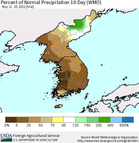 Korea Percent of Normal Precipitation 10-Day (WMO) Thematic Map For 5/11/2022 - 5/20/2022
