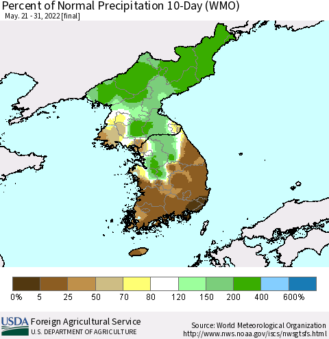 Korea Percent of Normal Precipitation 10-Day (WMO) Thematic Map For 5/21/2022 - 5/31/2022