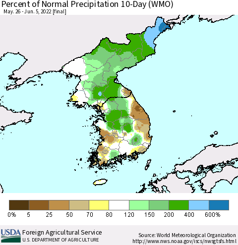 Korea Percent of Normal Precipitation 10-Day (WMO) Thematic Map For 5/26/2022 - 6/5/2022