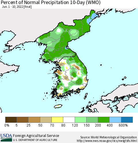 Korea Percent of Normal Precipitation 10-Day (WMO) Thematic Map For 6/1/2022 - 6/10/2022