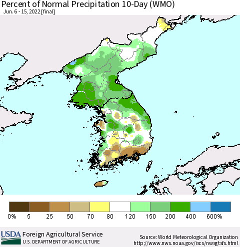 Korea Percent of Normal Precipitation 10-Day (WMO) Thematic Map For 6/6/2022 - 6/15/2022