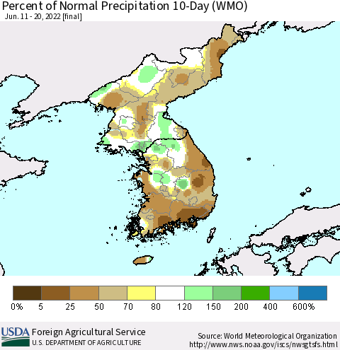 Korea Percent of Normal Precipitation 10-Day (WMO) Thematic Map For 6/11/2022 - 6/20/2022