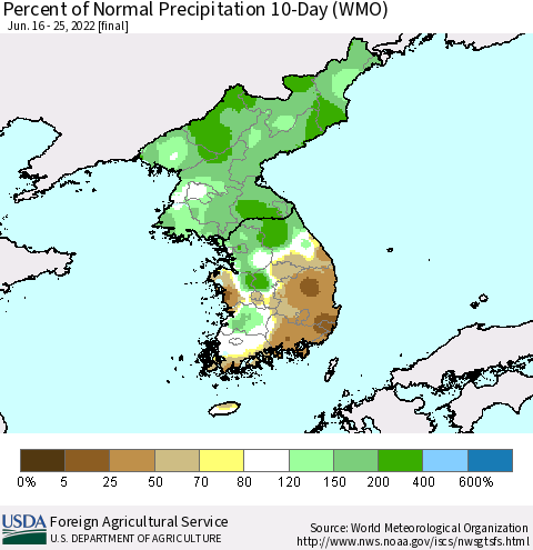 Korea Percent of Normal Precipitation 10-Day (WMO) Thematic Map For 6/16/2022 - 6/25/2022