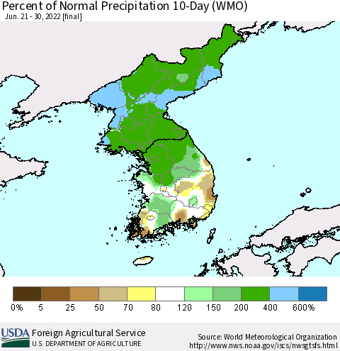 Korea Percent of Normal Precipitation 10-Day (WMO) Thematic Map For 6/21/2022 - 6/30/2022
