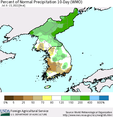 Korea Percent of Normal Precipitation 10-Day (WMO) Thematic Map For 7/6/2022 - 7/15/2022