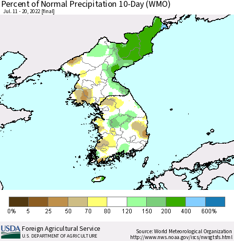 Korea Percent of Normal Precipitation 10-Day (WMO) Thematic Map For 7/11/2022 - 7/20/2022