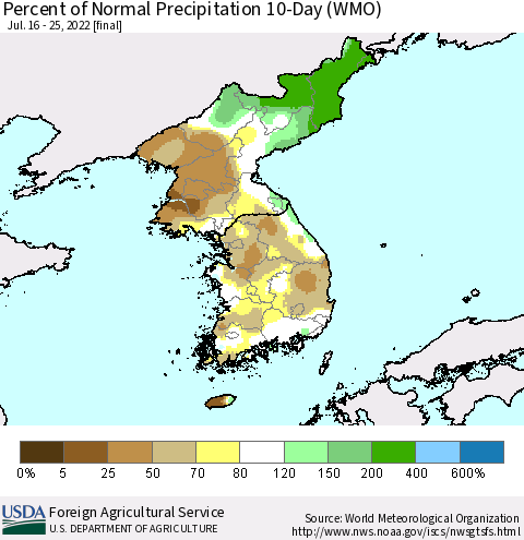 Korea Percent of Normal Precipitation 10-Day (WMO) Thematic Map For 7/16/2022 - 7/25/2022