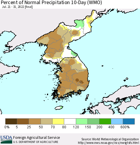 Korea Percent of Normal Precipitation 10-Day (WMO) Thematic Map For 7/21/2022 - 7/31/2022
