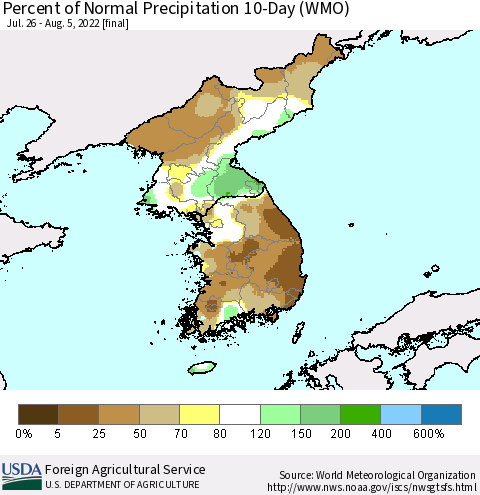 Korea Percent of Normal Precipitation 10-Day (WMO) Thematic Map For 7/26/2022 - 8/5/2022