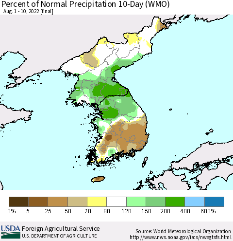 Korea Percent of Normal Precipitation 10-Day (WMO) Thematic Map For 8/1/2022 - 8/10/2022