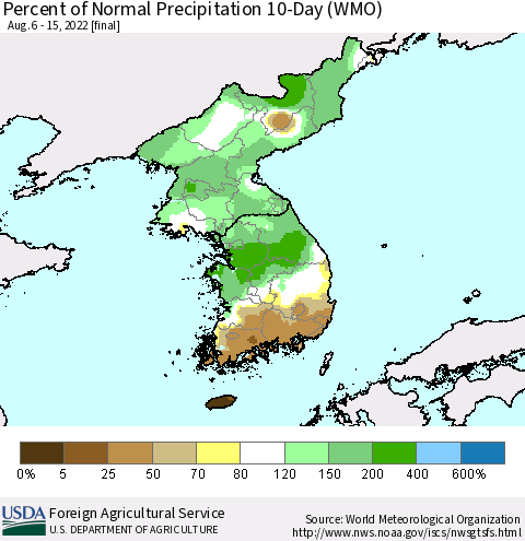 Korea Percent of Normal Precipitation 10-Day (WMO) Thematic Map For 8/6/2022 - 8/15/2022