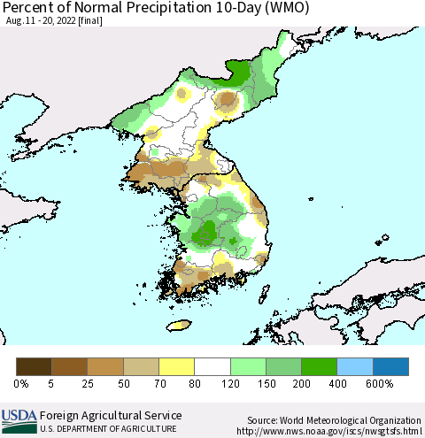 Korea Percent of Normal Precipitation 10-Day (WMO) Thematic Map For 8/11/2022 - 8/20/2022