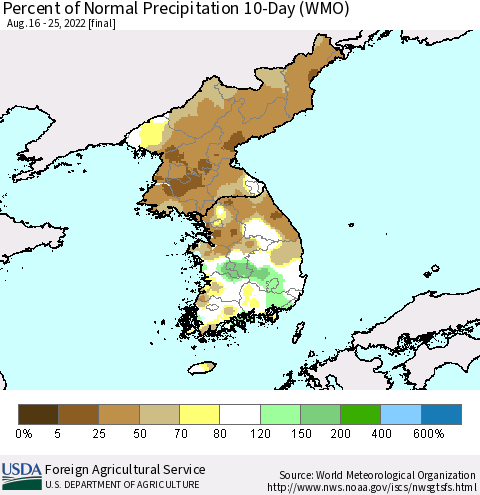 Korea Percent of Normal Precipitation 10-Day (WMO) Thematic Map For 8/16/2022 - 8/25/2022