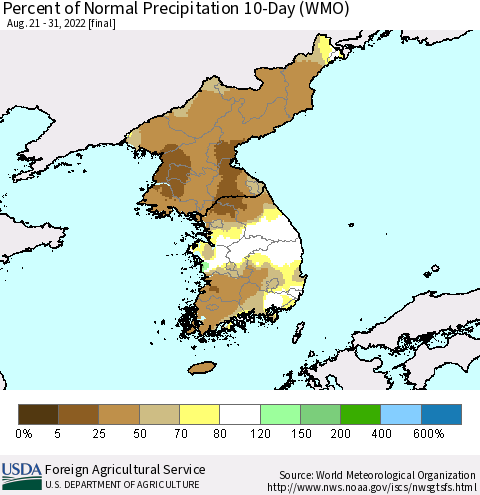 Korea Percent of Normal Precipitation 10-Day (WMO) Thematic Map For 8/21/2022 - 8/31/2022