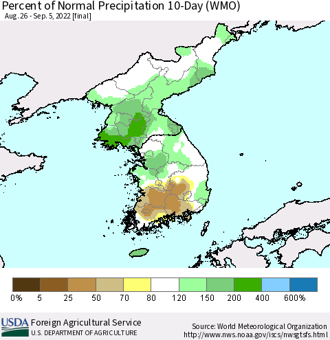 Korea Percent of Normal Precipitation 10-Day (WMO) Thematic Map For 8/26/2022 - 9/5/2022