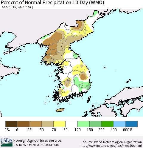 Korea Percent of Normal Precipitation 10-Day (WMO) Thematic Map For 9/6/2022 - 9/15/2022
