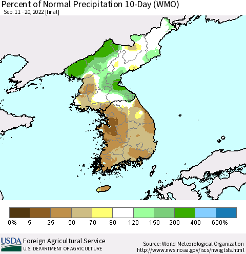 Korea Percent of Normal Precipitation 10-Day (WMO) Thematic Map For 9/11/2022 - 9/20/2022