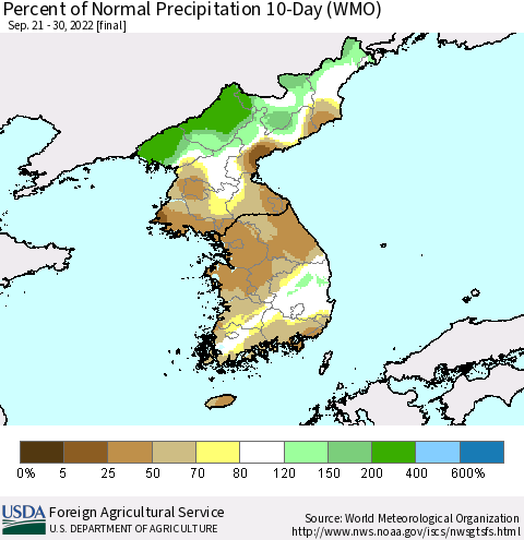 Korea Percent of Normal Precipitation 10-Day (WMO) Thematic Map For 9/21/2022 - 9/30/2022