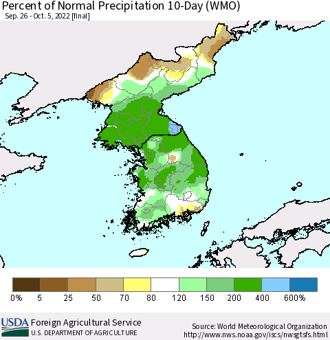 Korea Percent of Normal Precipitation 10-Day (WMO) Thematic Map For 9/26/2022 - 10/5/2022