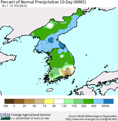Korea Percent of Normal Precipitation 10-Day (WMO) Thematic Map For 10/1/2022 - 10/10/2022