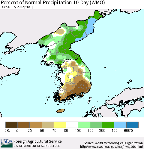 Korea Percent of Normal Precipitation 10-Day (WMO) Thematic Map For 10/6/2022 - 10/15/2022