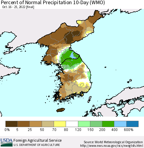 Korea Percent of Normal Precipitation 10-Day (WMO) Thematic Map For 10/16/2022 - 10/25/2022