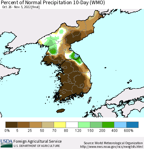 Korea Percent of Normal Precipitation 10-Day (WMO) Thematic Map For 10/26/2022 - 11/5/2022