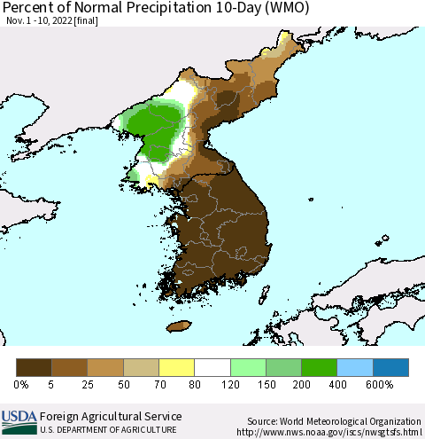 Korea Percent of Normal Precipitation 10-Day (WMO) Thematic Map For 11/1/2022 - 11/10/2022