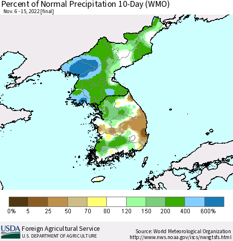 Korea Percent of Normal Precipitation 10-Day (WMO) Thematic Map For 11/6/2022 - 11/15/2022