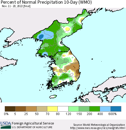 Korea Percent of Normal Precipitation 10-Day (WMO) Thematic Map For 11/11/2022 - 11/20/2022