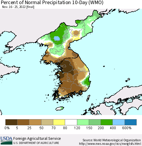 Korea Percent of Normal Precipitation 10-Day (WMO) Thematic Map For 11/16/2022 - 11/25/2022