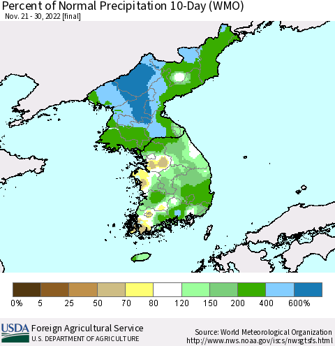 Korea Percent of Normal Precipitation 10-Day (WMO) Thematic Map For 11/21/2022 - 11/30/2022