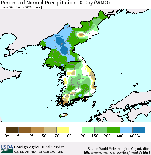 Korea Percent of Normal Precipitation 10-Day (WMO) Thematic Map For 11/26/2022 - 12/5/2022